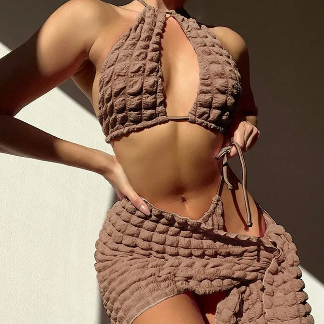 Lace-up Seersucker Three-piece Bikini Women's Swimsuit - Bellarte Enchanté Lace-up Seersucker Three-piece Bikini Women's Swimsuit